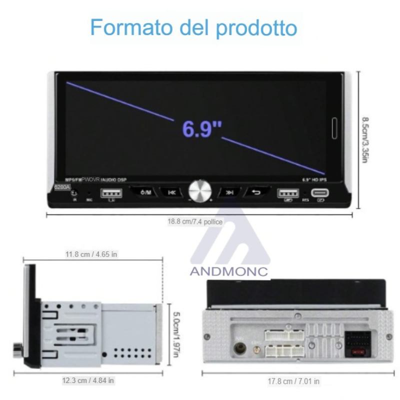 Autoradio 1 din 6.9" GPS Wifi 6280A