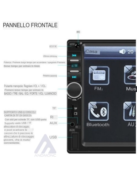 Stereo autoradio 2 din 7" pollici touch screen mirror link bluetooth aux usb sd