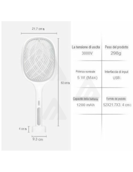 Racchetta Led Ricaricabile Per Zanzare Con Luce Attira Zanzare con base