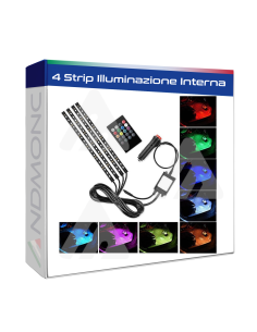 Striscia LED Interni Auto RGB 4 Strip Luminose Adesive 72...
