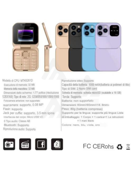 Mini Flip cellulare piccolo display dual sim pieghevole con App