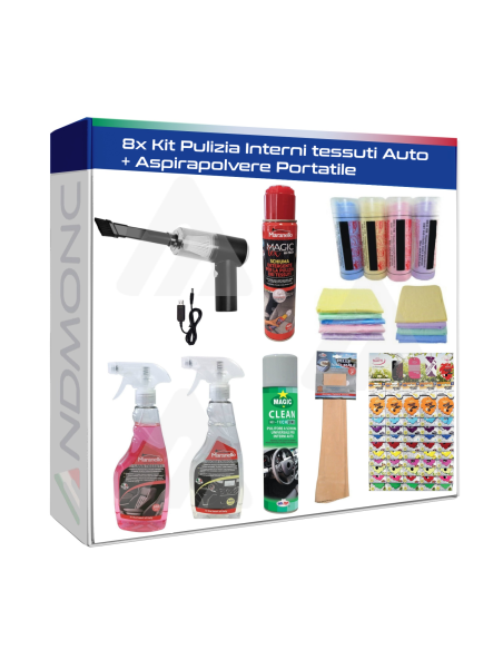 Kit Pulizia Interni tessuti Auto 8pz. + Aspirapolvere portatile