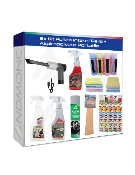 Kit Pulizia Interni Pelle Auto 8pz. + Aspirapolvere portatile