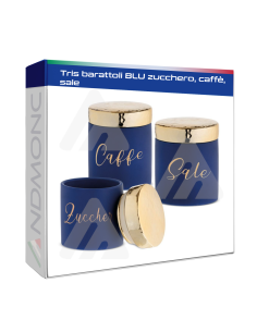 Tris barattoli blu zucchero, caffè, sale