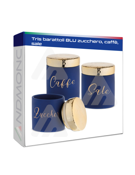 Tris barattoli blu zucchero, caffè, sale