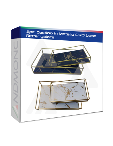 2pz. Cestino in metallo ORO, base effetto marmo rettangolare