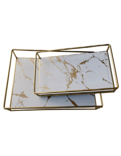 2pz. Cestino in metallo ORO, base effetto marmo rettangolare 2