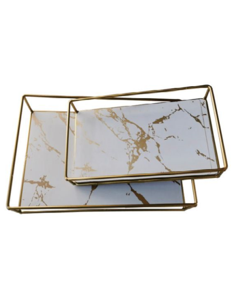 2pz. Cestino in metallo ORO, base effetto marmo rettangolare