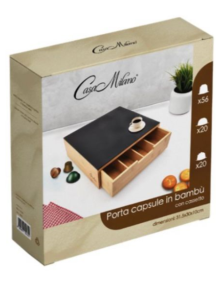 Porta Capsule in bamboo con ripiano in vetro temperato con cassetto