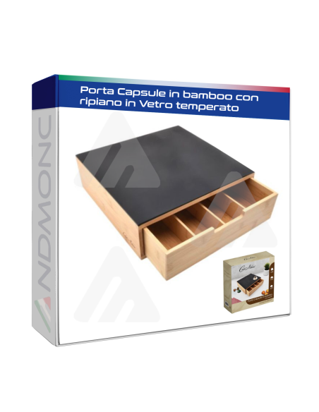 Porta Capsule in bamboo con ripiano in vetro temperato con cassetto