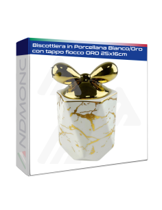Biscottiera in Porcellana Bianco/Oro con tappo fiocco ORO...