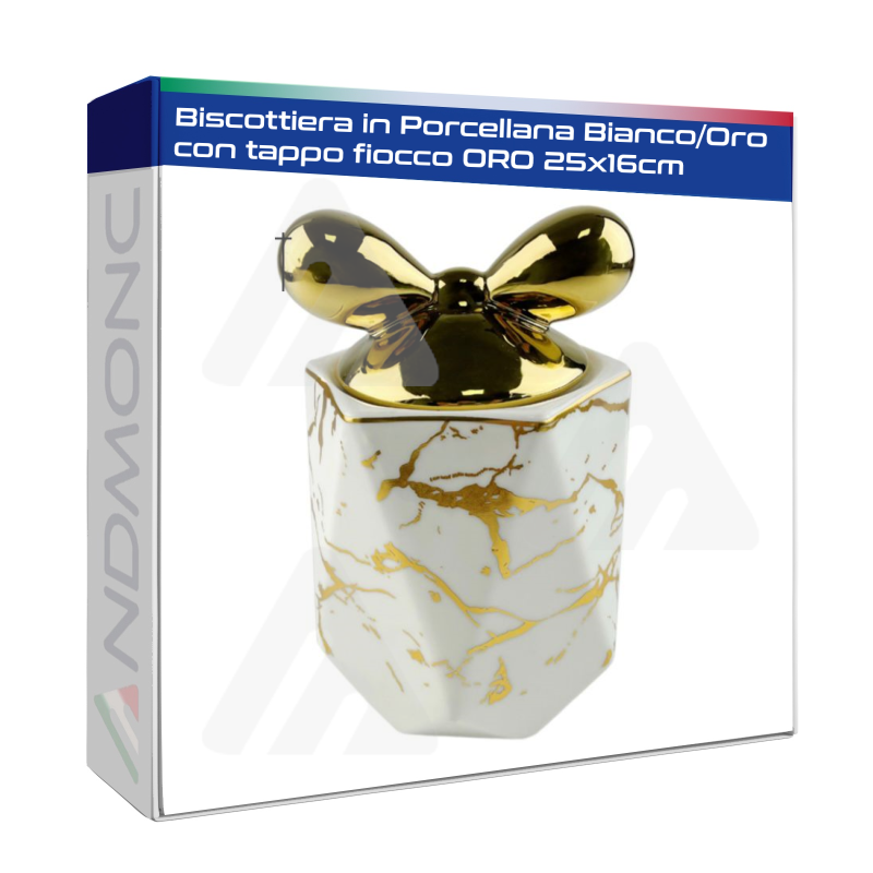 Biscottiera in Porcellana Bianco/Oro con tappo fiocco ORO 25x16cm