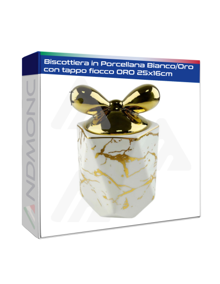 Biscottiera in Porcellana Bianco/Oro con tappo fiocco ORO 25x16cm
