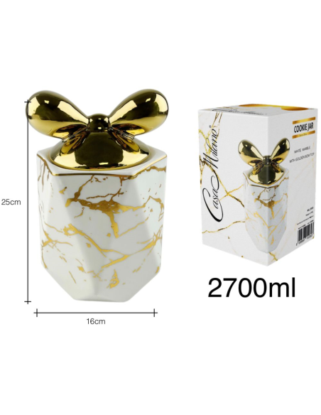 Biscottiera in Porcellana Bianco/Oro con tappo fiocco ORO 25x16cm