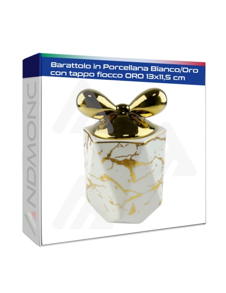 Barattolo in Porcellana Bianco/Oro con tappo fiocco ORO 13x11,5cm