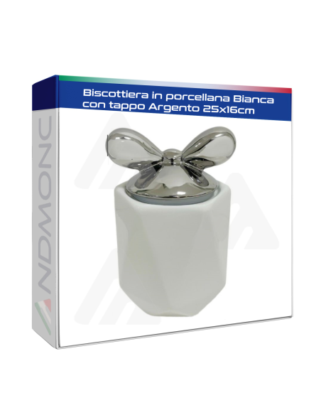Biscottiera in Porcellana Bianca con tappo fiocco Argento 25x16cm