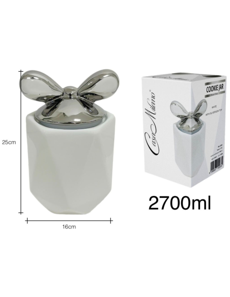 Biscottiera in Porcellana Bianca con tappo fiocco Argento 25x16cm
