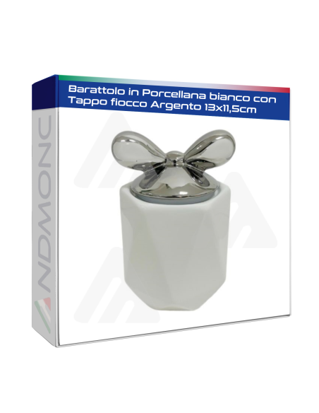 Barattolo in Porcellana Bianco con tappo fiocco Argento 13x11,5cm