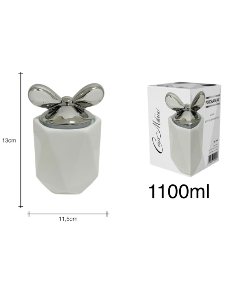 Barattolo in Porcellana Bianco con tappo fiocco Argento 13x11,5cm