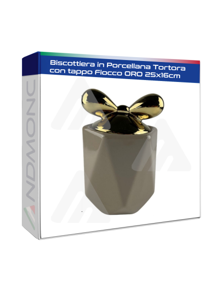 Biscottiera in Porcellana Tortora con tappo fiocco Oro 25x16cm