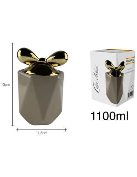 Barattolo in Porcellana Tortora con tappo fiocco Oro 13x11,5cm