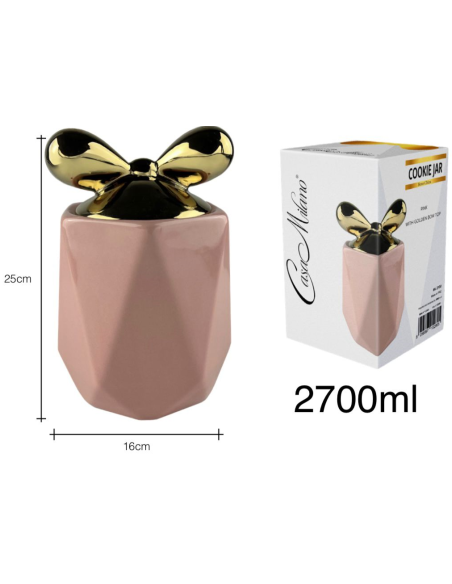 Biscottiera in Porcellana Rosa con tappo fiocco Oro 25x16cm
