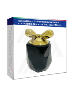 Biscottiera in Porcellana Nera con tappo fiocco Oro 25x16cm