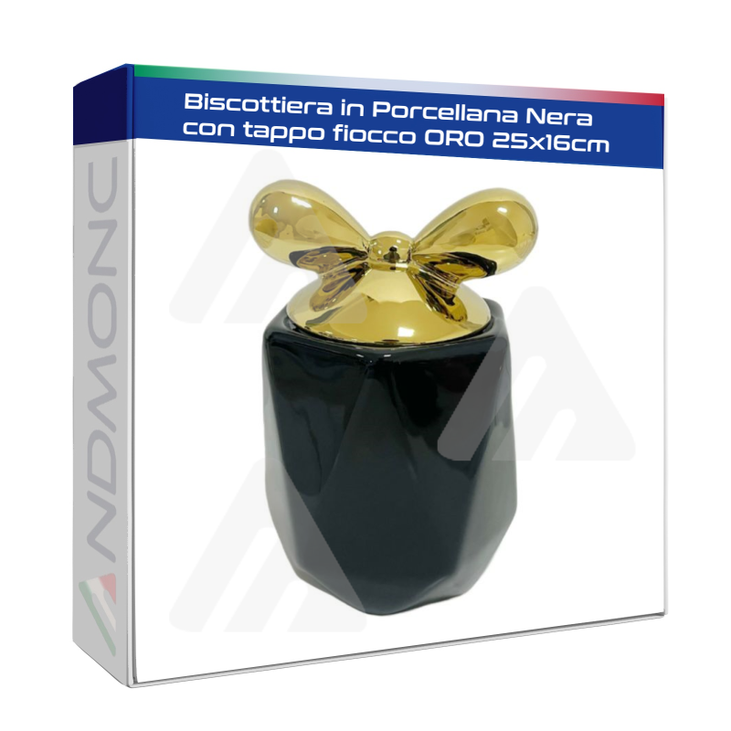 Biscottiera in Porcellana Nera con tappo fiocco Oro 25x16cm