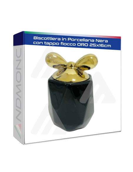 Biscottiera in Porcellana Nera con tappo fiocco Oro 25x16cm