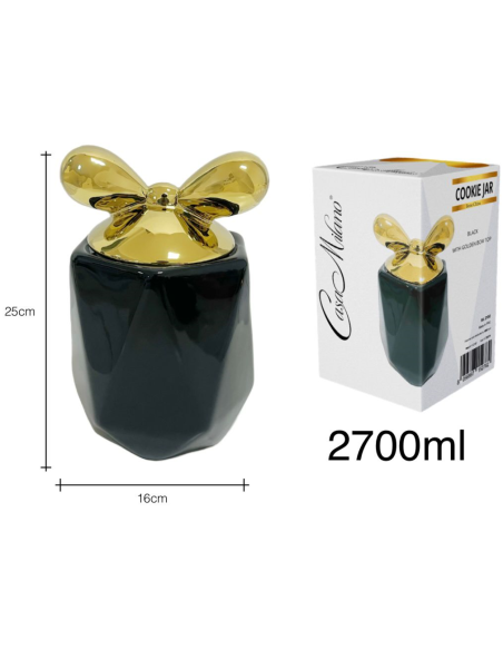 Biscottiera in Porcellana Nera con tappo fiocco Oro 25x16cm