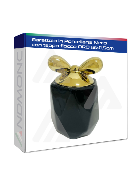 Barattolo in Porcellana Nero con tappo fiocco Oro 13x11,5cm