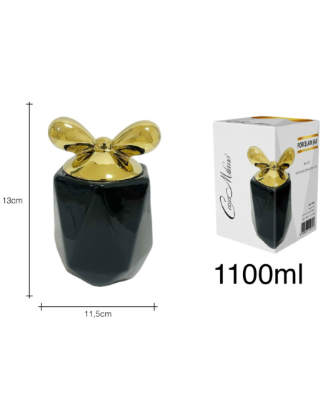 Barattolo in Porcellana Nero con tappo fiocco Oro 13x11,5cm