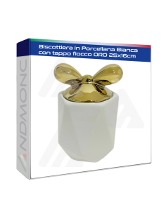 Biscottiera in Porcellana Bianca con tappo fiocco Oro...