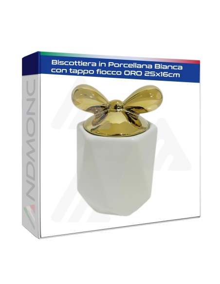 Biscottiera in Porcellana Bianca con tappo fiocco Oro 25x16cm
