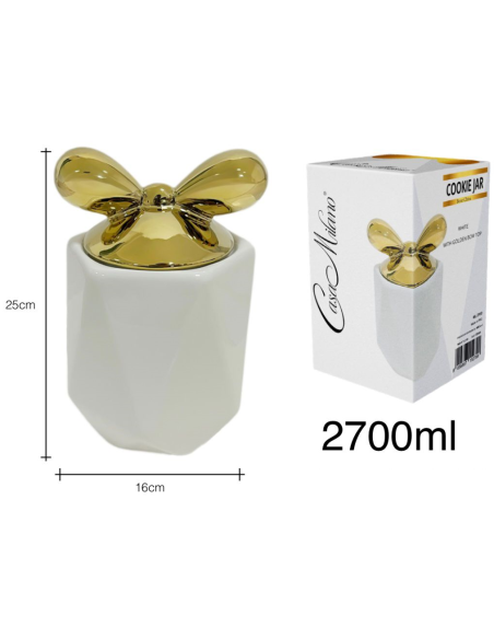 Biscottiera in Porcellana Bianca con tappo fiocco Oro 25x16cm