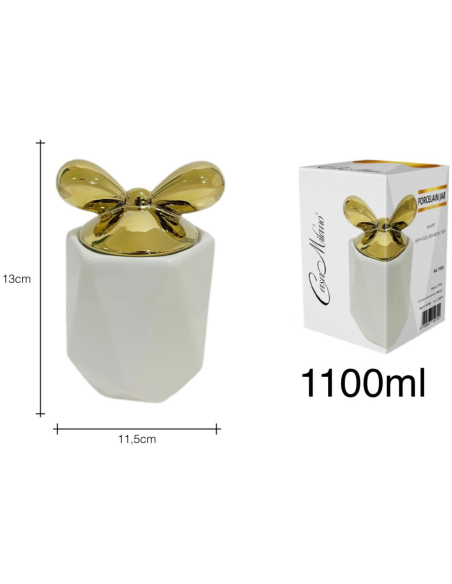 Barattolo in Porcellana Bianco con tappo fiocco Oro 13x11,5cm