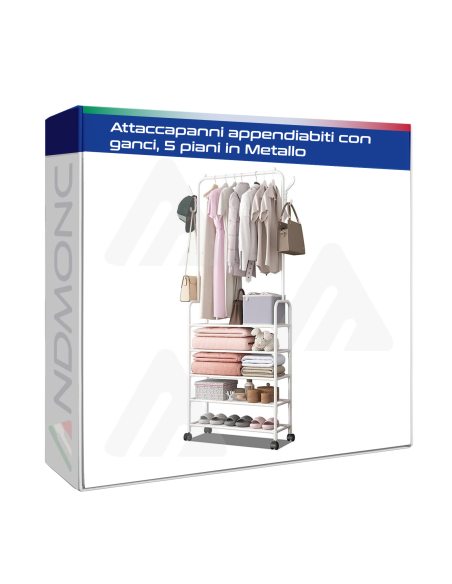 Attaccapanni appendiabiti in metallo con ganci, 5 mensole, Bianco