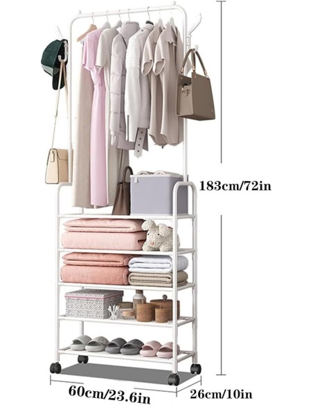 Attaccapanni appendiabiti in metallo con ganci, 5 mensole, Bianco