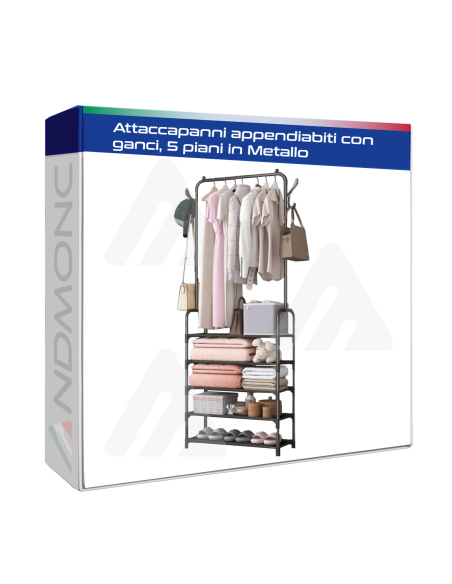 Attaccapanni appendiabiti in metallo con ganci, 5 mensole, Nero