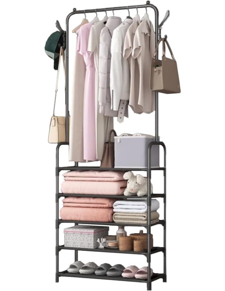 Attaccapanni appendiabiti in metallo con ganci, 5 mensole, Nero