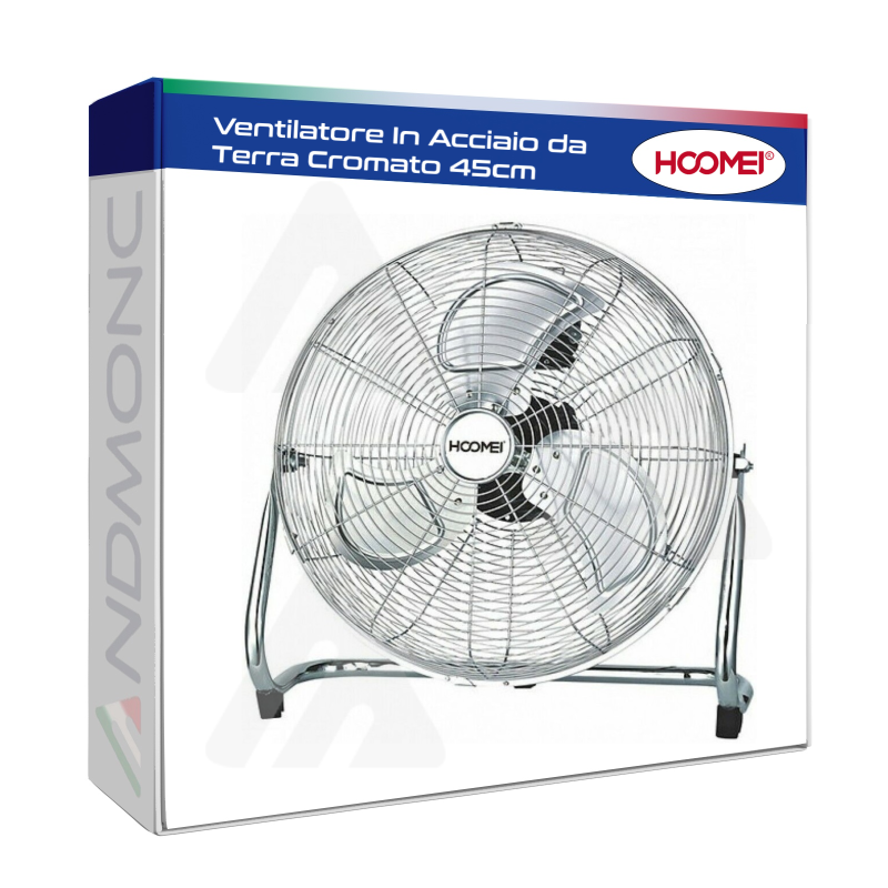 Ventilatore In Acciaio Da Terra Cromato 45cm 100 WATT 3 Pale Alluminio HM-8280