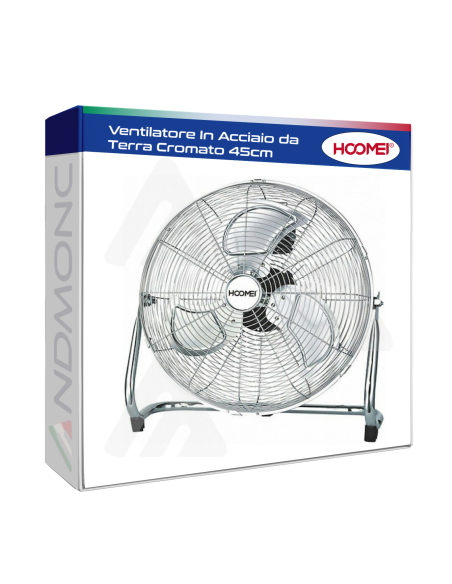 Ventilatore In Acciaio Da Terra Cromato 45cm 100 WATT 3 Pale Alluminio HM-8280