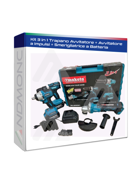 Kit 3 in 1 Trapano Avvitatore + Avvitatore a Impulsi + Smerigliatrice a Batteria