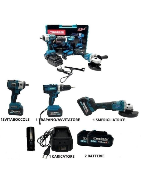 Kit 3 in 1 Trapano Avvitatore + Avvitatore a Impulsi + Smerigliatrice a Batteria