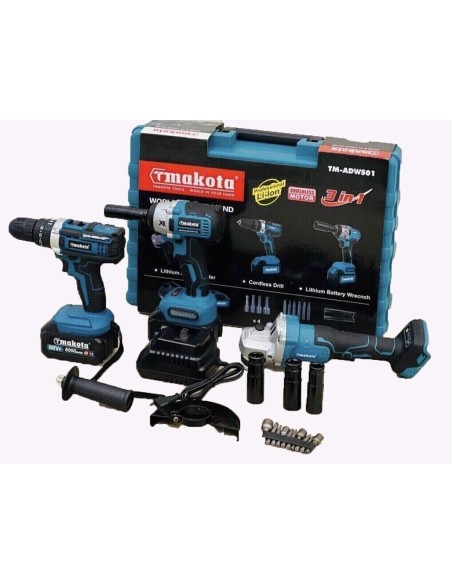 Kit 3 in 1 Trapano Avvitatore + Avvitatore a Impulsi + Smerigliatrice a Batteria