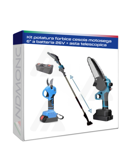 Kit potatura forbice cesoia motosega 6" a batteria 26V + asta telescopica