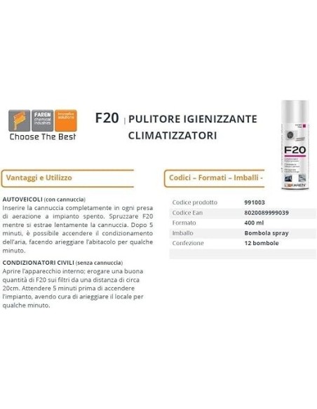 Faren - F20 - Igienizzante Spray per Climatizzatori di Casa e Auto - 400ml