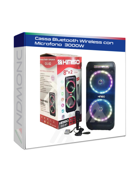 Cassa Bluetooth Wireless con Microfono Doppio Altoparlante 8” 3000W