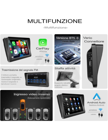 Autoradio portatile Wireless Carplay Android Auto, 7 pollici Touchscreen