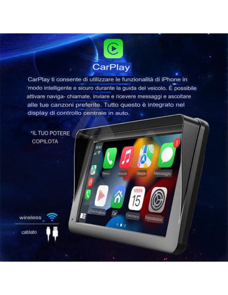 Autoradio portatile Wireless Carplay Android Auto, 7 pollici Touchscreen